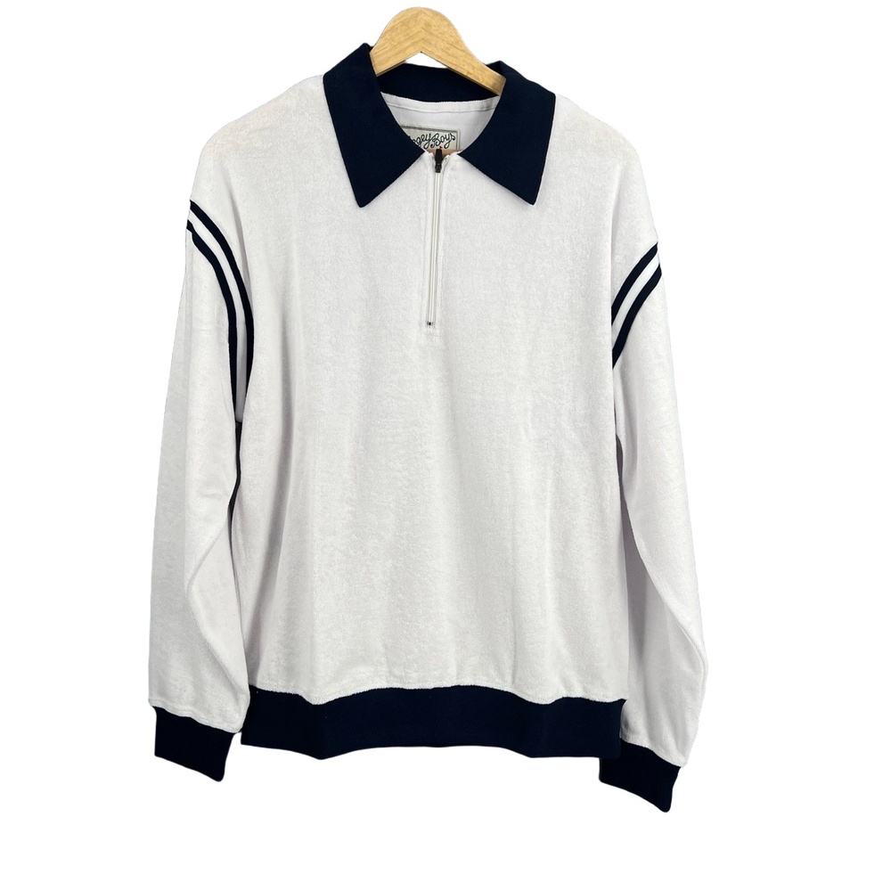 Bogey Boys Sweatshirt White Navy Stripe Terry Quarter Zip Pullover Small New‎